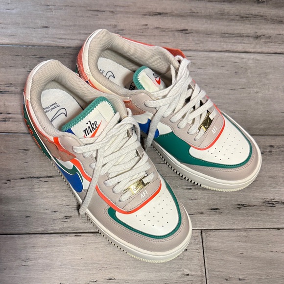 Nike Women Air Force 1 Low Sneakers - White, Green, Orange - Picture 9 of 12